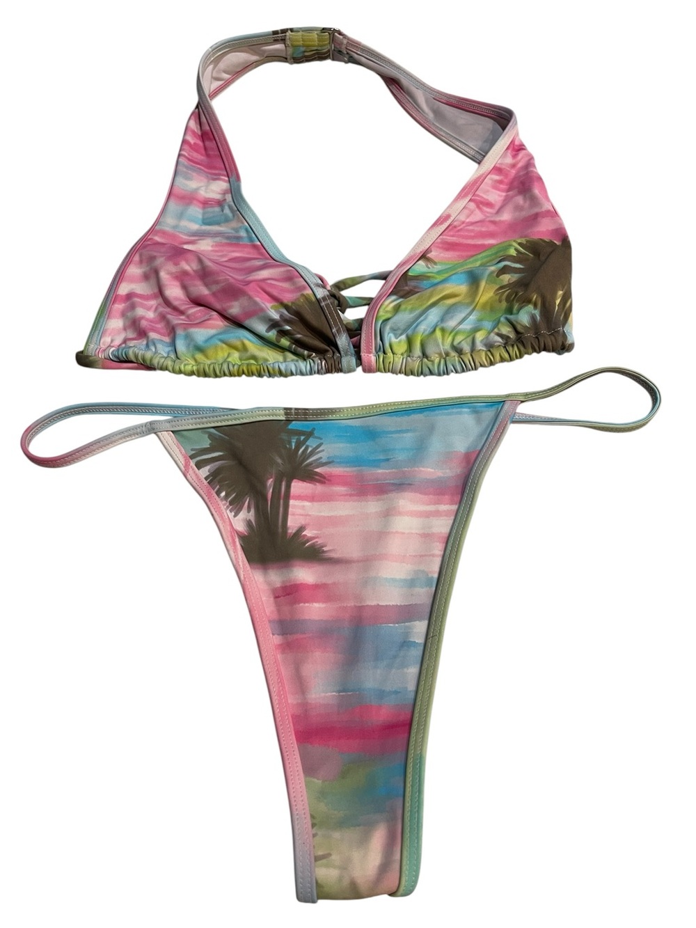Frankies Bikinis 2 pc Set Palmz Print Halter Top And String Cheeky Bottom SZ M - Picture 2 of 5